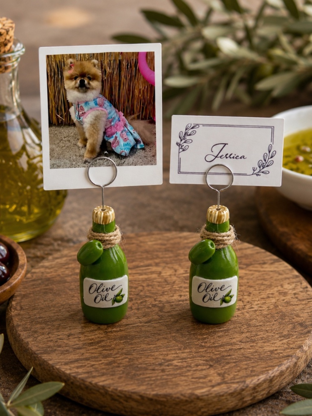Olive Oil Bottle Photo Holder, Place Card Holder, Food Label | Handmade Italian